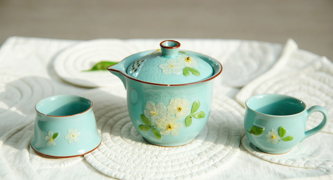 Overhead view of Handmade Ruyao Ice Crack Teapot Set with real pressed flowers and tea leaves