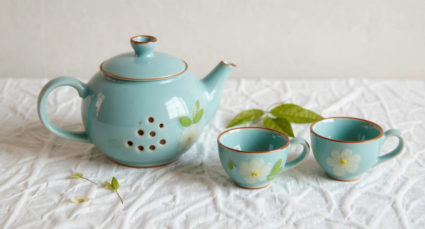 Handmade Ruyao Ice Crack Teapot Set with real pressed flowers on slate with eucalyptus