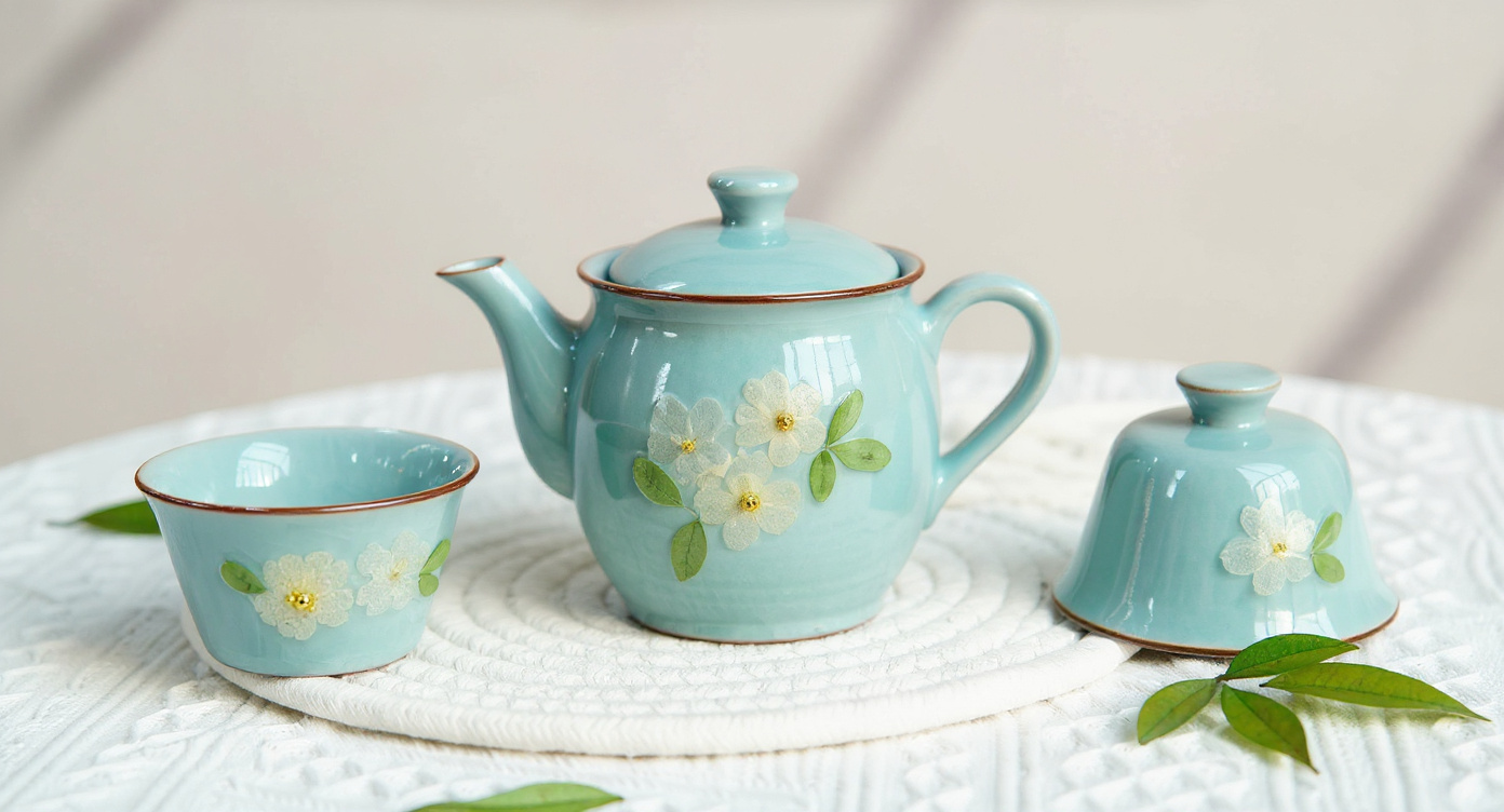 Handmade Ruyao Ice Crack Teapot Set with real pressed flowers and dried pampas grass