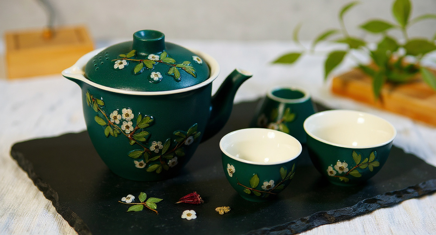 Close-up of handmade black ceramic teapot with preserved flower petals, linen napkin and wood.
