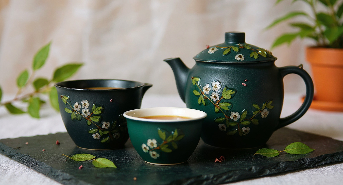 Two black ceramic cups with preserved flowers, loose tea, dried chamomile and incense on dark linen.