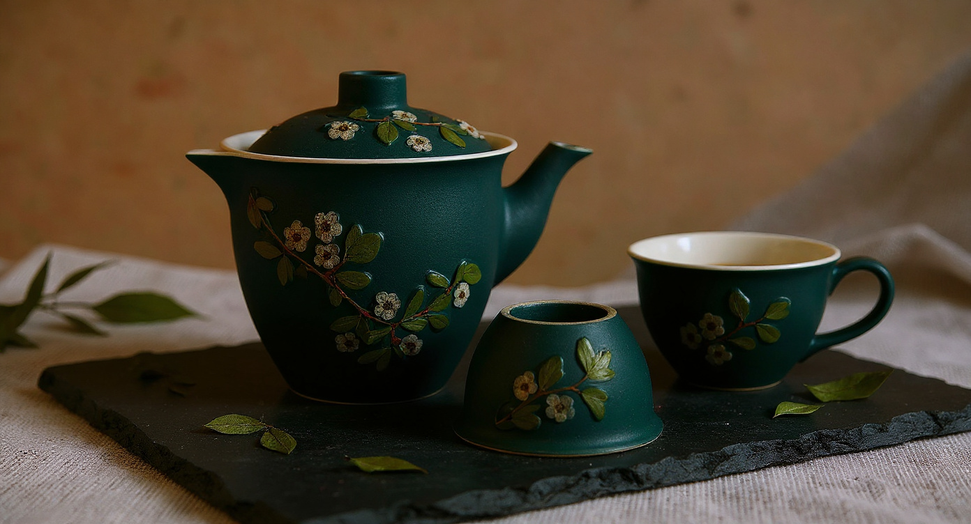 Handmade black ceramic tea set with preserved flowers displayed on wood tray with eucalyptus.