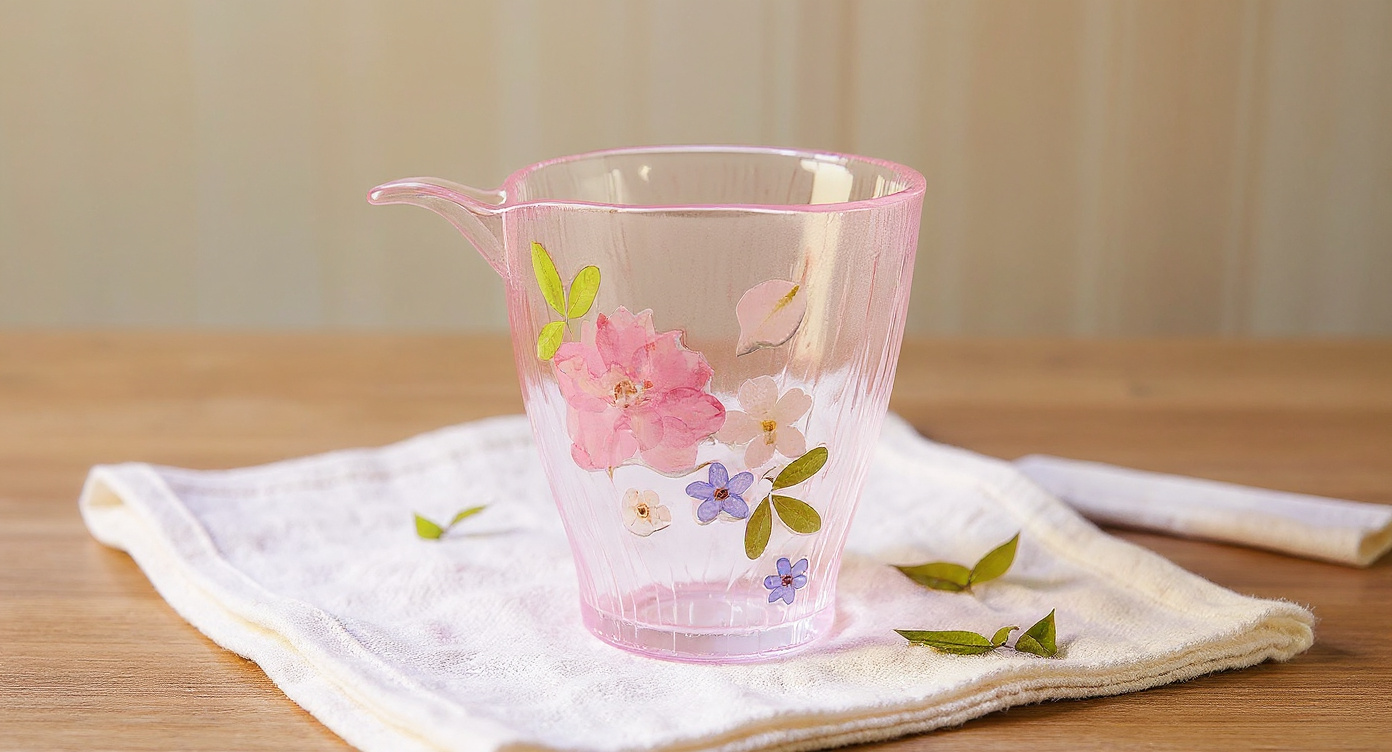 Close-up of Handmade Gradient Pink Butterfly Glass Cup with raised preserved flowers and journal