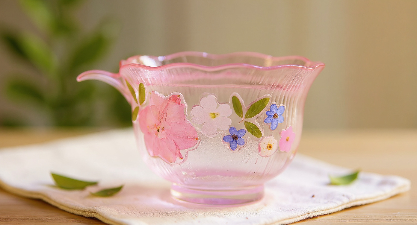 Handmade Gradient Pink Butterfly Glass Cup with preserved flowers on sage linen and wood