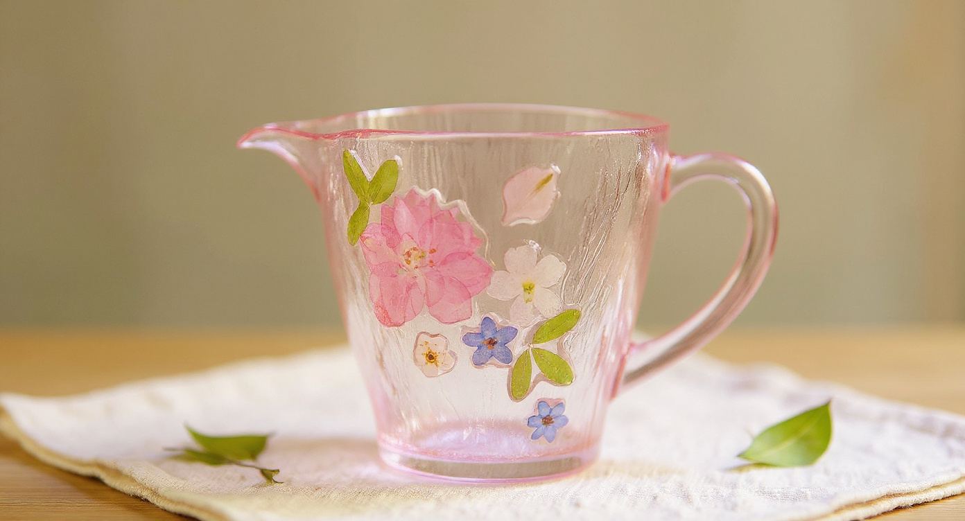 Handmade Gradient Pink Butterfly Glass Cup with preserved flowers on brass tray and cream linen