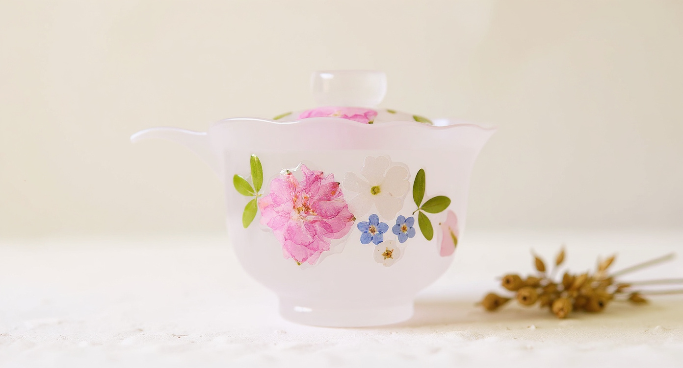 Gradient Pink Butterfly Glass Cup Real Preserved Flowers Botanical Tea Mug 400ml beside botanical book