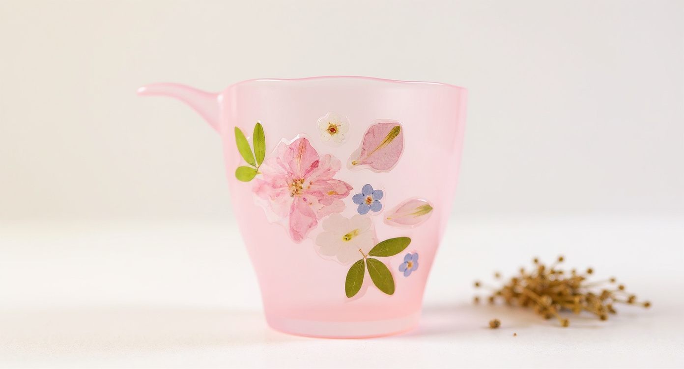 Gradient Pink Butterfly Glass Cup Real Preserved Flowers Botanical Tea Mug 400ml on blush linen