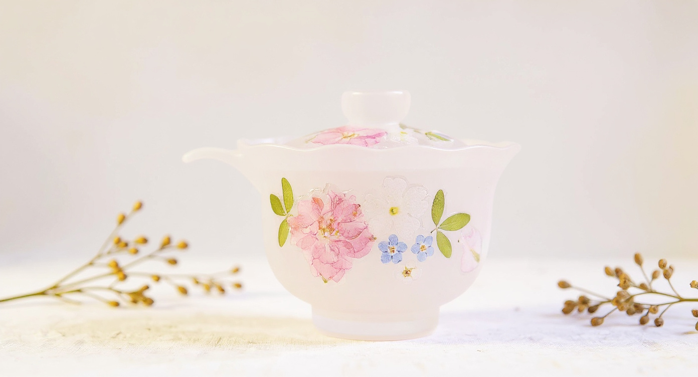 Gradient Pink Butterfly Glass Cup Real Preserved Flowers Botanical Tea Mug 400ml with dried lavender