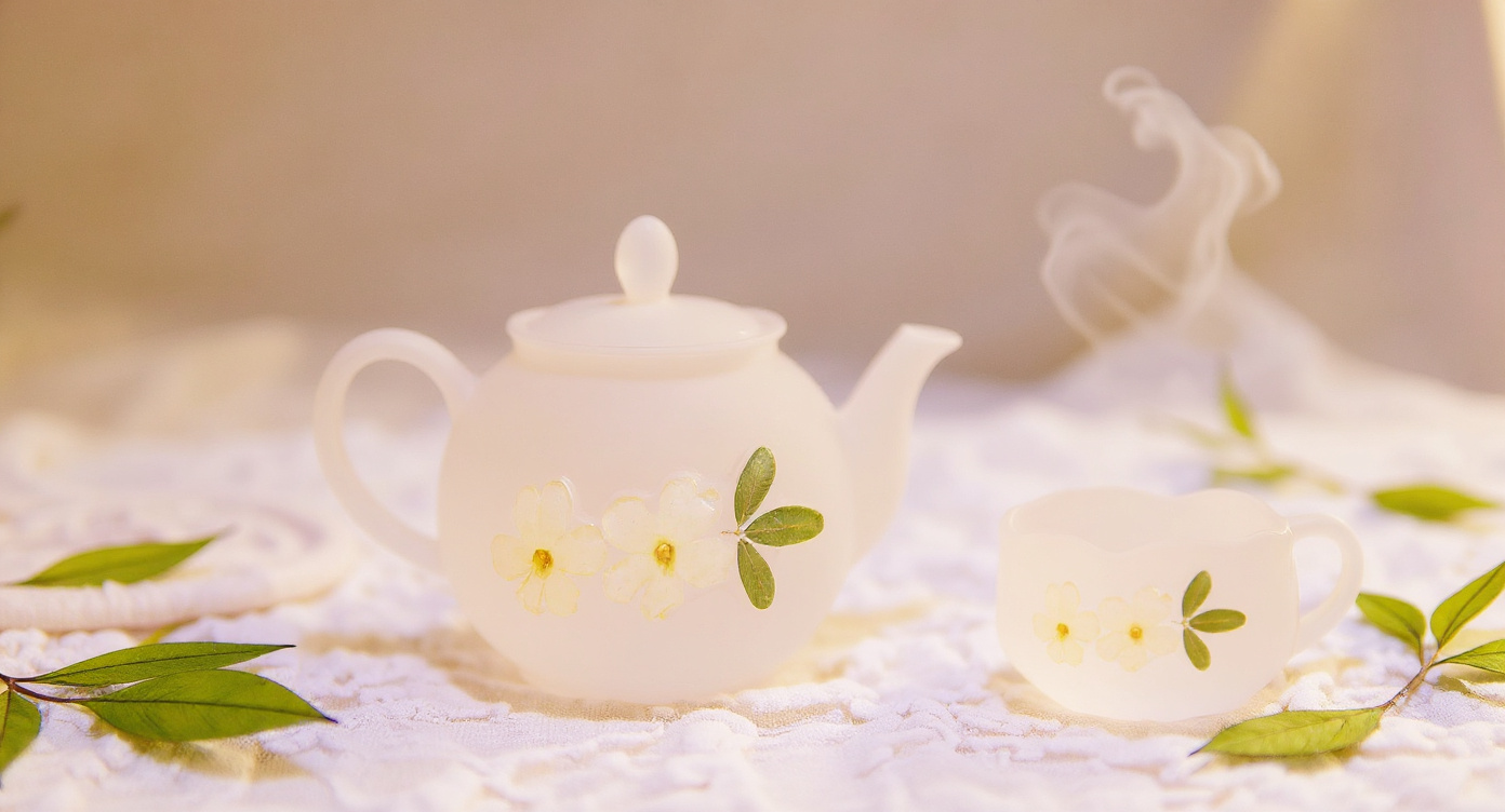 Close-up of Handmade Lotus Frosted Glass Teapot with embedded cherry blossom petals and steam.