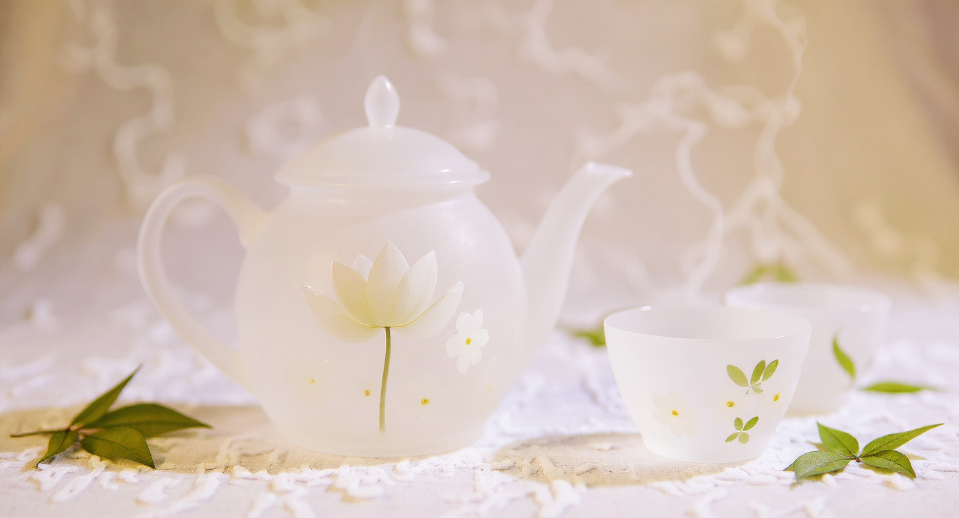 Overhead Handmade Lotus Frosted Glass Teapot Cup Set with loose tea and cherry blossoms.