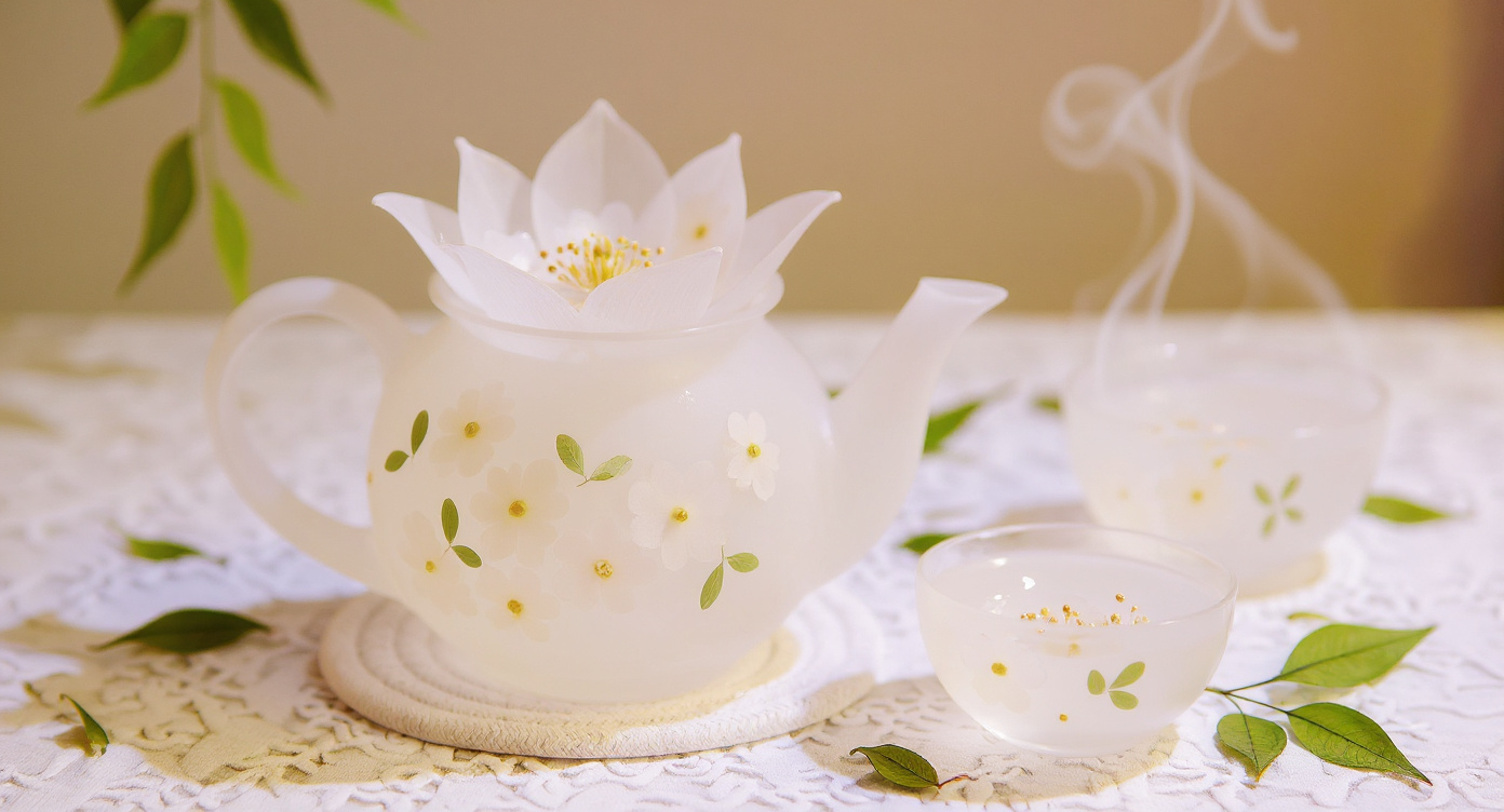Handmade Lotus Frosted Glass Teapot Cup Set arranged for tea service with steam.