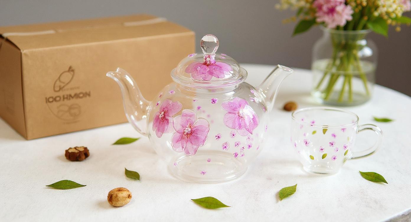Close-up of Handmade Pressed Flower Glass Teapot & Cup Set with loose tea.