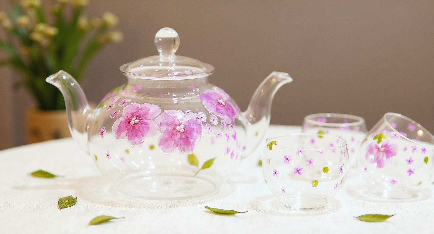 Handmade Pressed Flower Glass Teapot & Cup Set on botanical book with lavender.