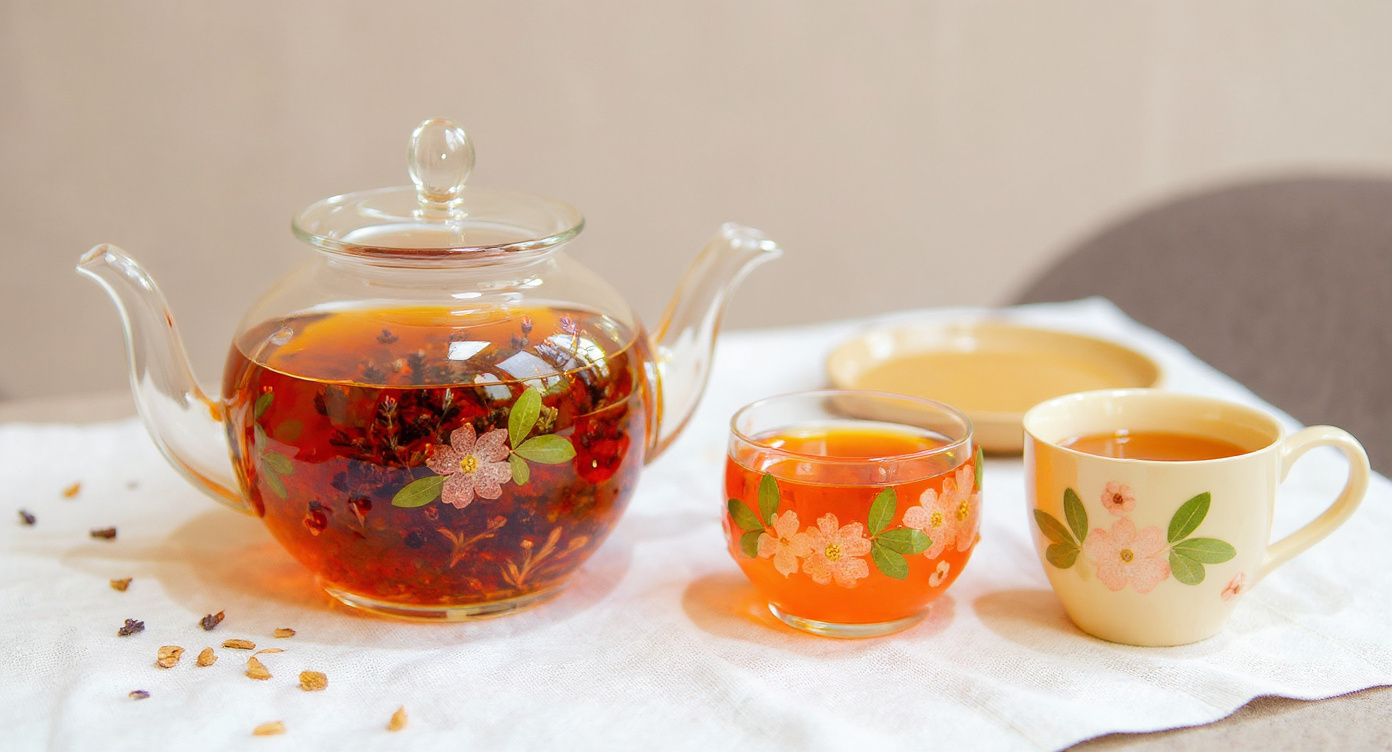 Handmade teapot cup set with pressed flowers beside botanical book on linen