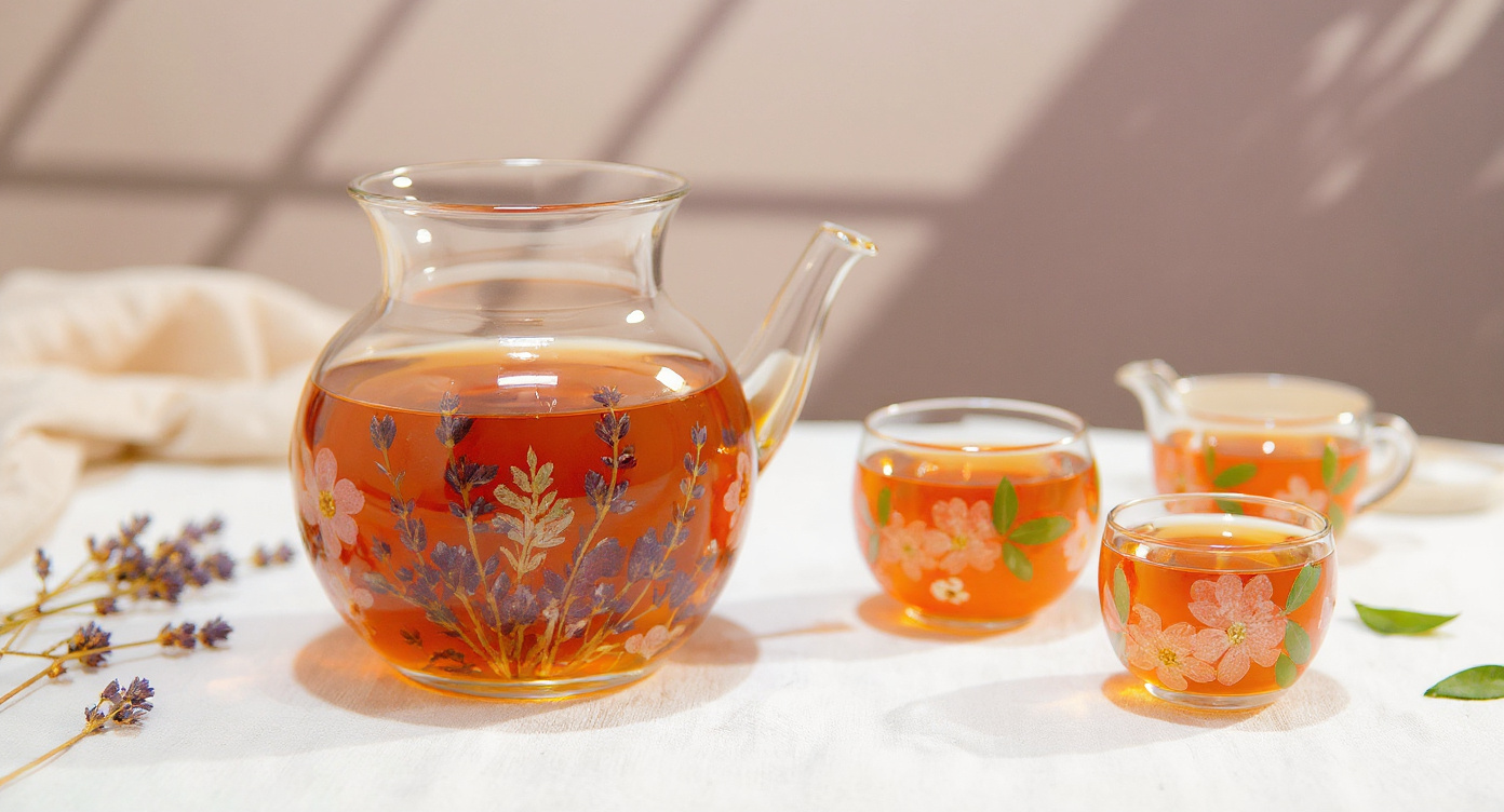 Teapot and cups with real pressed flowers displayed on marble tray with wildflowers