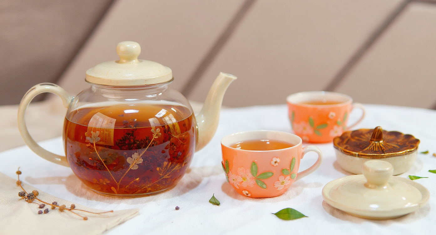Handmade teapot set with dried botanicals and candle on wooden tray