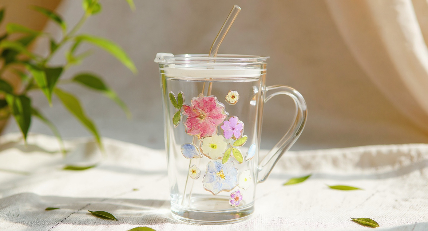 Handmade Pressed Flower Glass Tumbler with glass straw beside teapot and lemon slices.