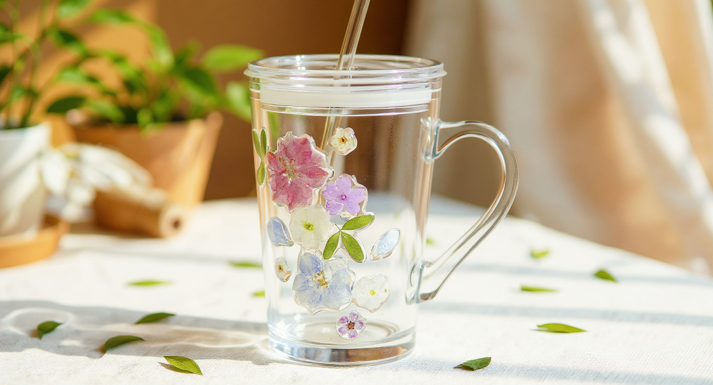 Handmade Pressed Flower Glass Tumbler with lid and straw on wooden tray with terracotta vase.