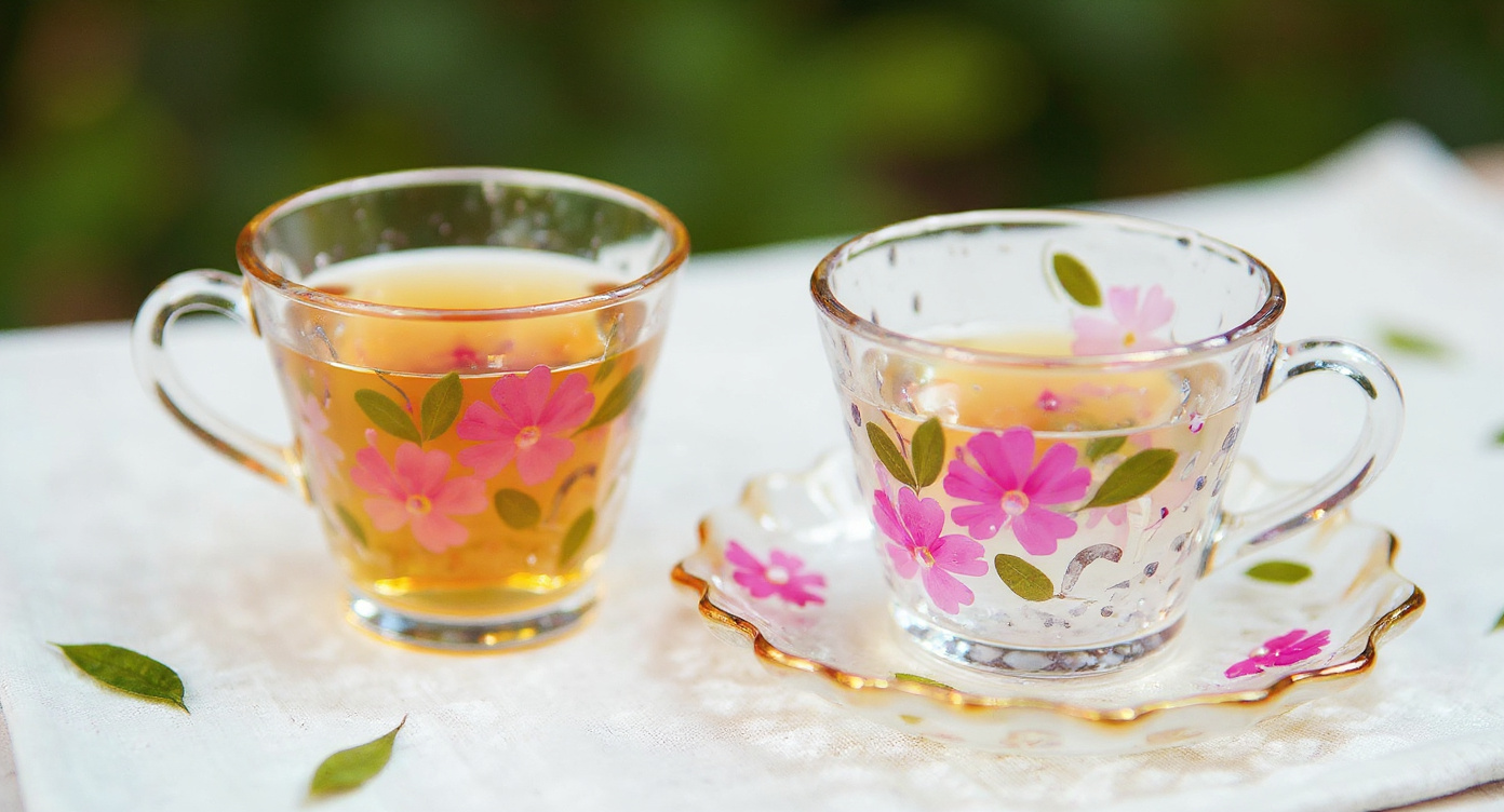 Handcrafted floral resin tea cup and saucer set with glass teapot and dried botanicals.
