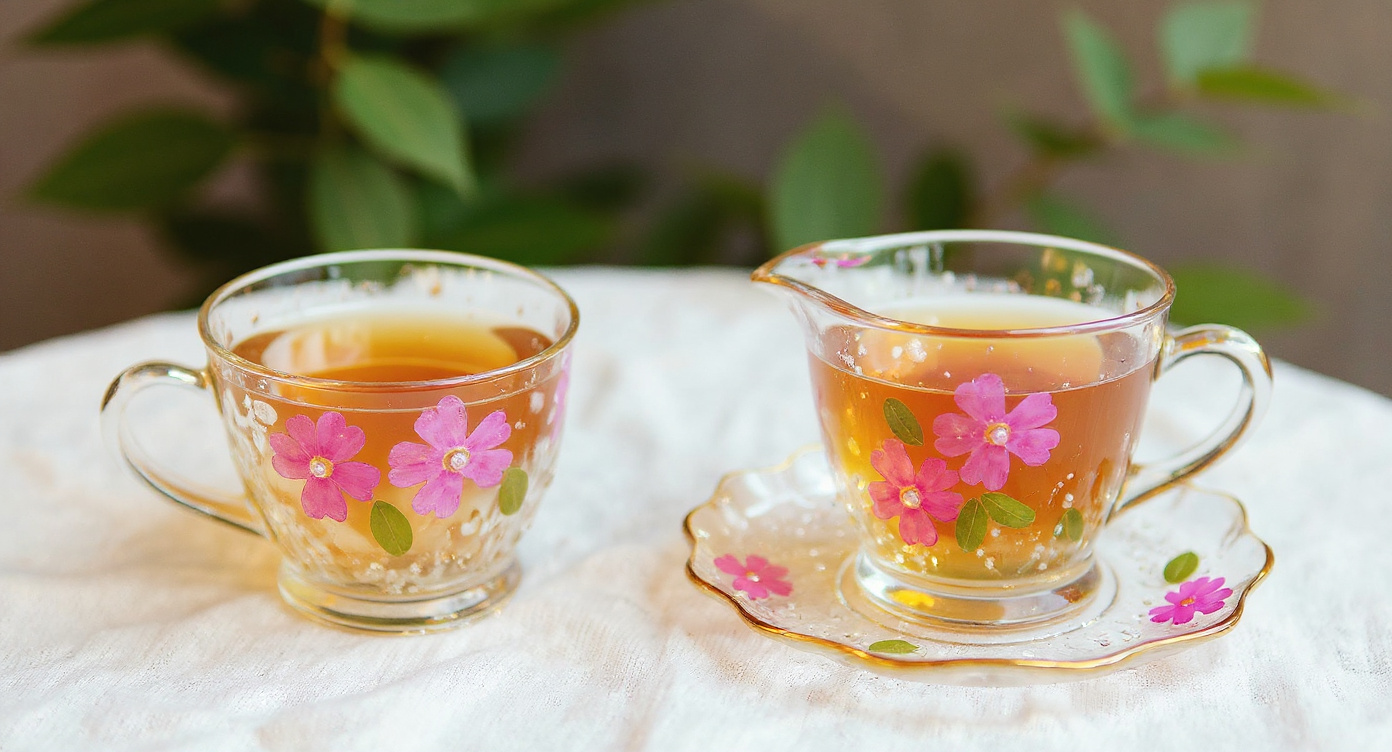 Handcrafted floral resin tea cup and saucer set with gift tag and botanicals.