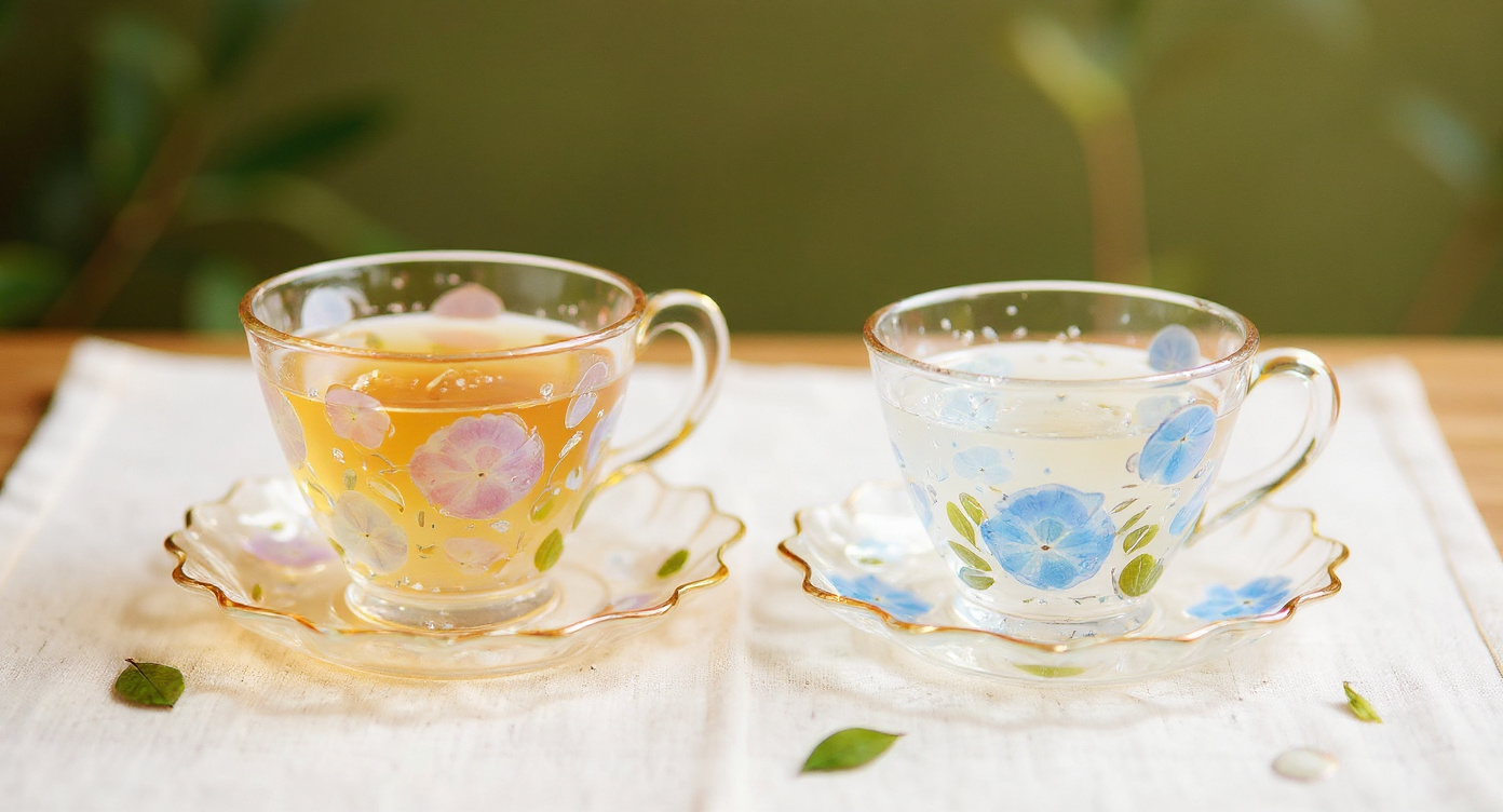 Handcrafted floral resin tea cup and saucer set with pampas grass and eucalyptus flat lay.
