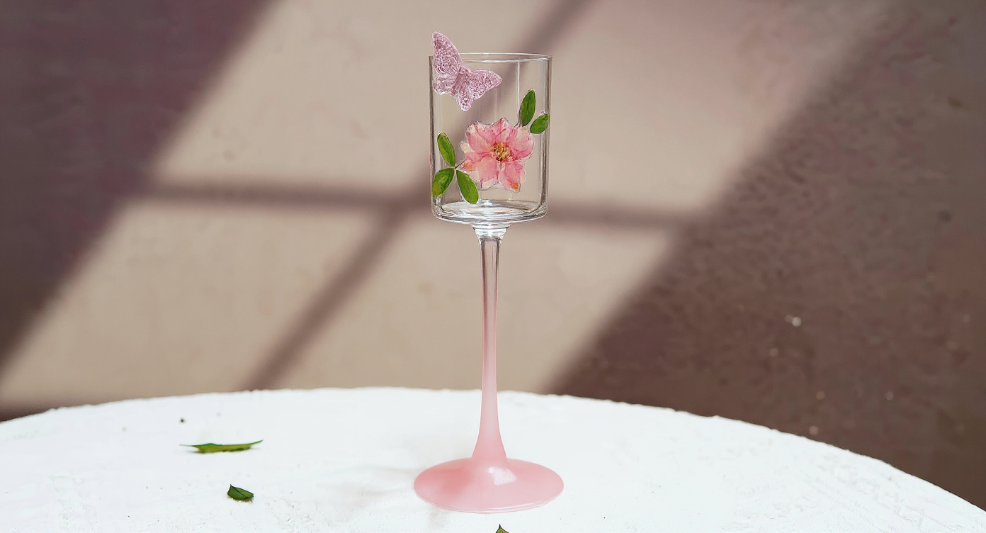 Close-up of Handmade Floral Champagne Flute showing real preserved pink flower petals and green leaves.