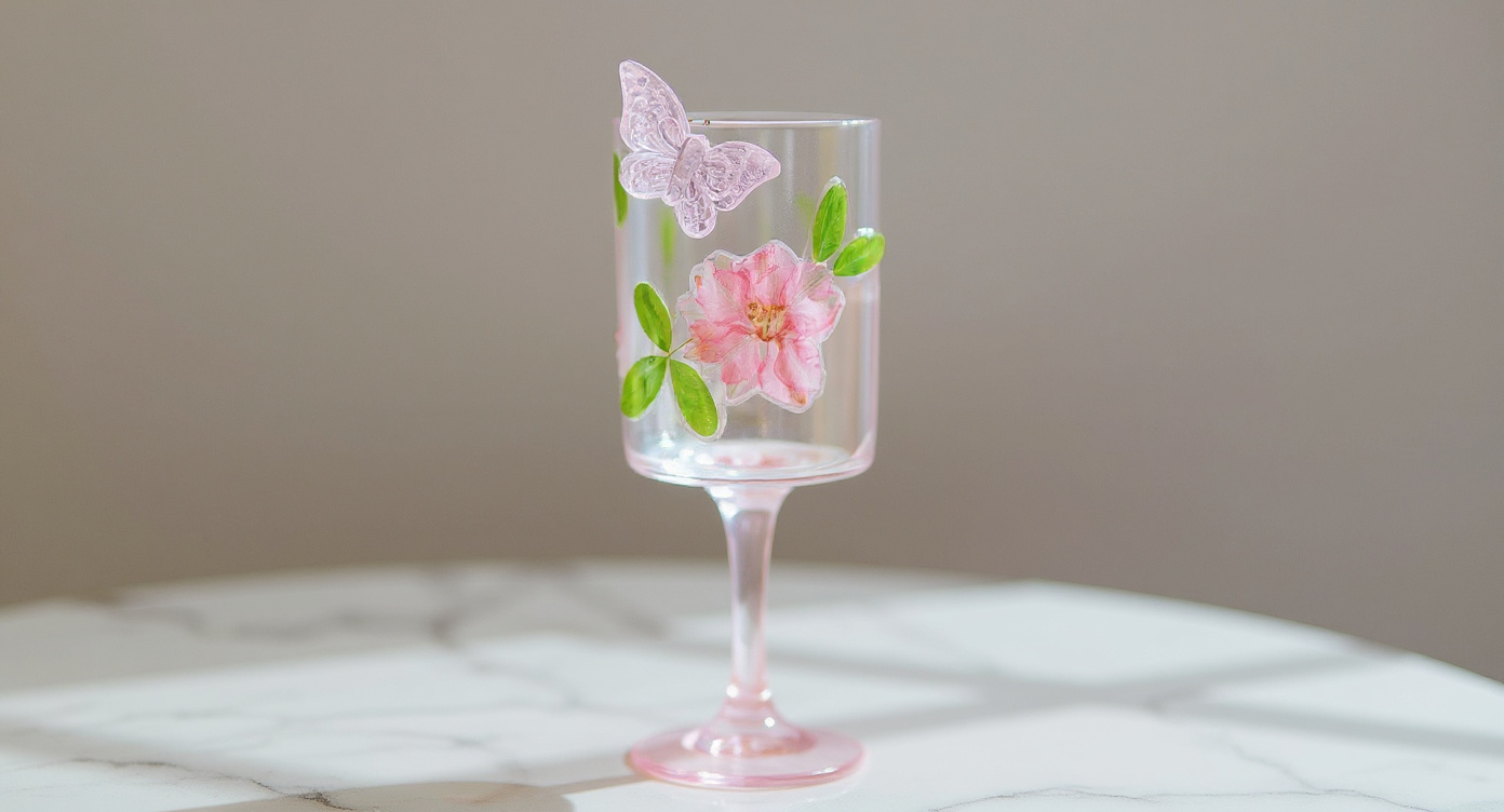 Handmade Floral Champagne Flute beside kraft gift box with blush ribbon on marble.