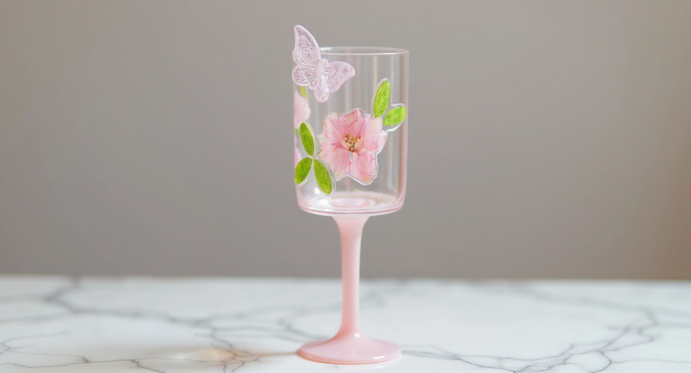Handmade Floral Champagne Flute with preserved flowers beside champagne bottle on linen runner.