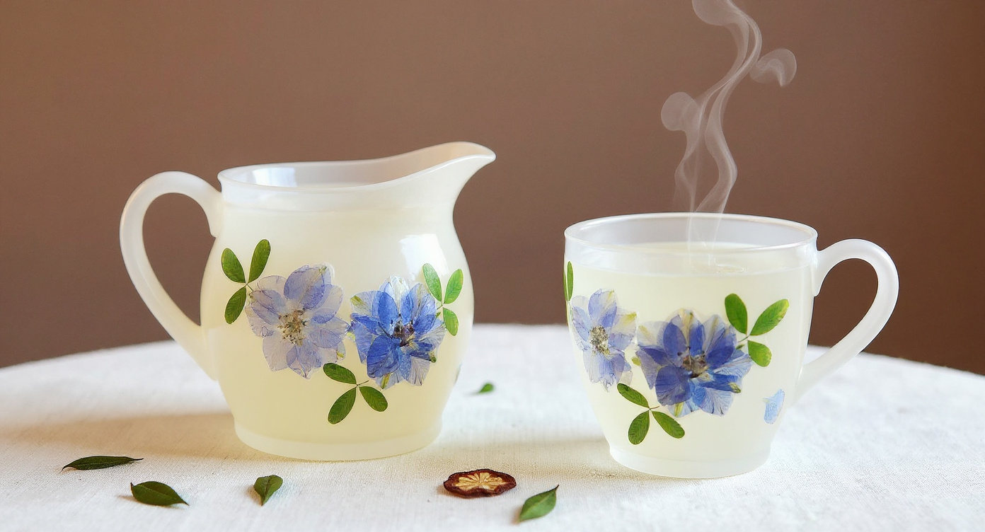 Handmade Frosted Glass Gaiwan Set with white teapot and dried rose buds