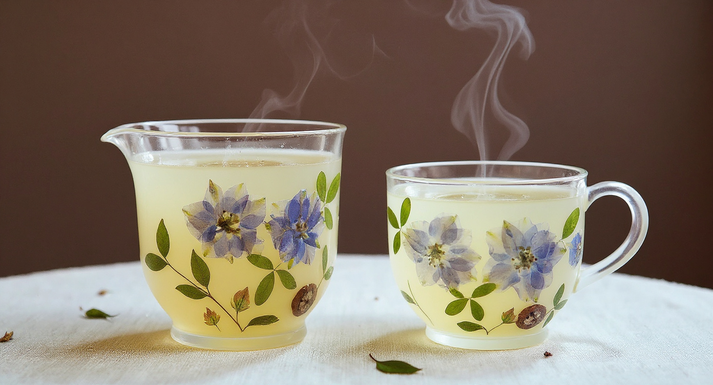 Handmade Frosted Glass Gaiwan Set showing loose leaf floral tea inside