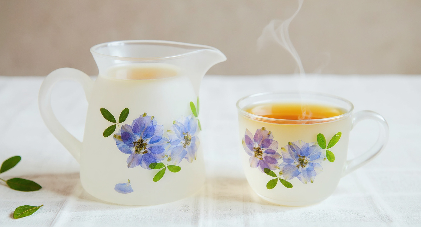 Handmade Frosted Glass Gaiwan Set with dried chrysanthemum and eucalyptus