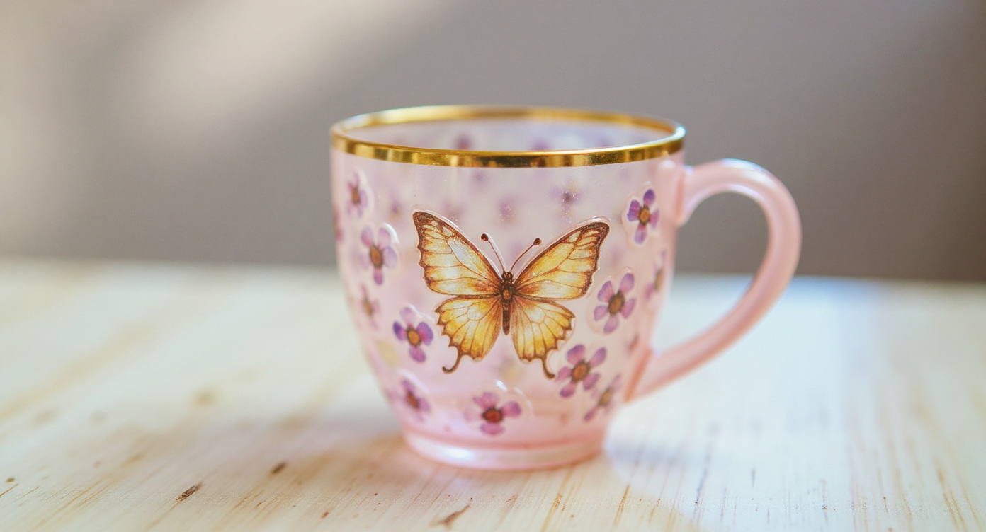 Handmade Gradient Pink Butterfly Glass Mug with botanicals styled on blush linen flat lay