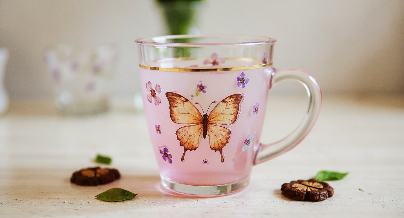 Handmade Gradient Pink Butterfly Glass Mug with teapot and lavender on marble tray
