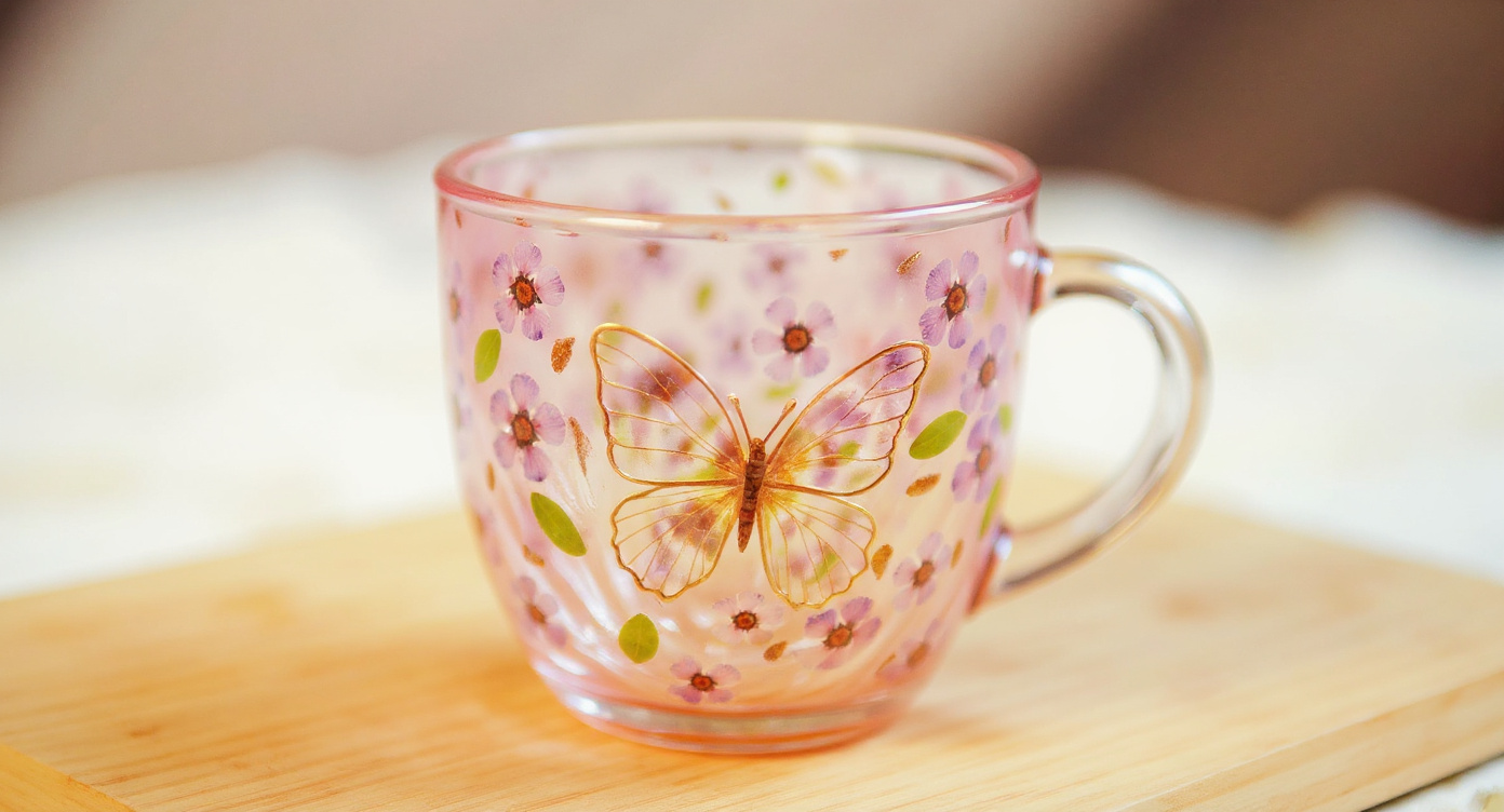 Close-up of Handmade Gradient Pink Butterfly Glass Mug raised preserved flowers and gold edge