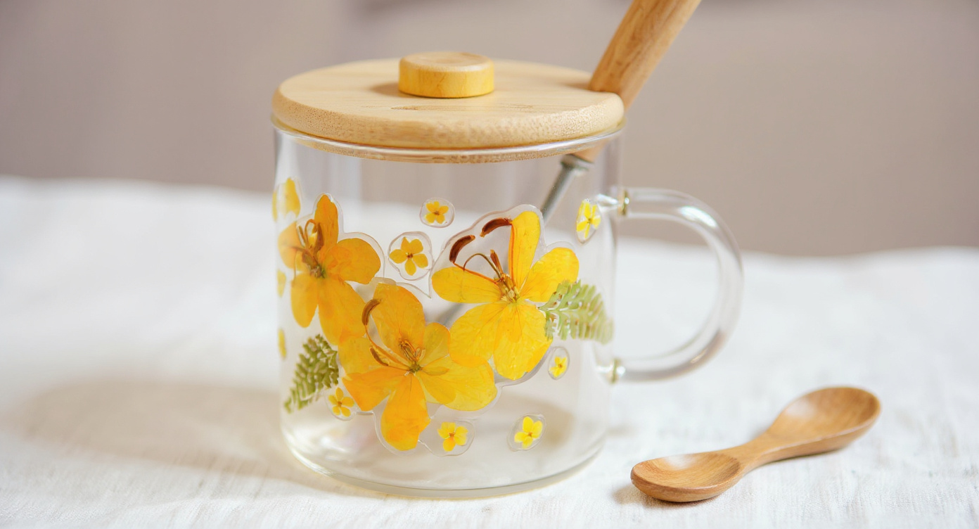 Handcrafted glass mug with real pressed flowers and herbal tea, bamboo lid and kraft wrapping