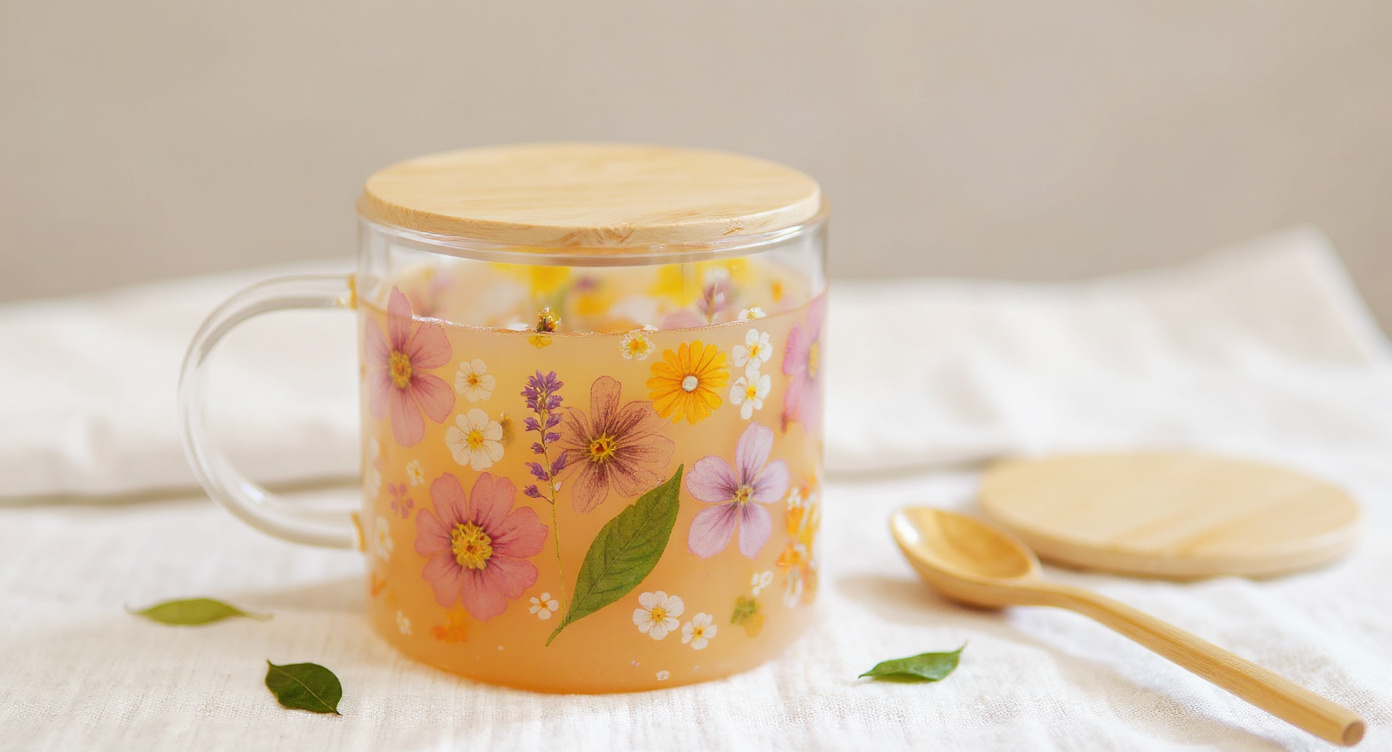 Handcrafted Glass Mug Real Pressed Flowers with bamboo lid and spoon on linen cloth