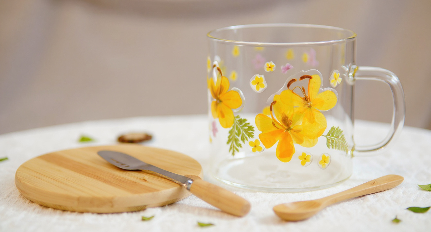 Glass mug with real pressed flowers, light coffee, botanical book, bamboo lid, soft morning light
