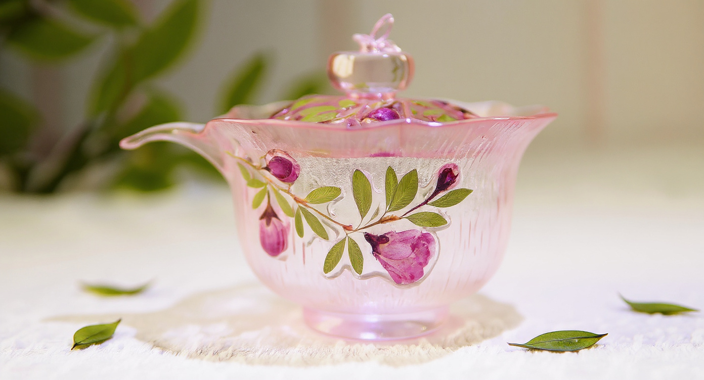 Handmade gradient pink butterfly glass cup with lid on ceramic tray among dried petals