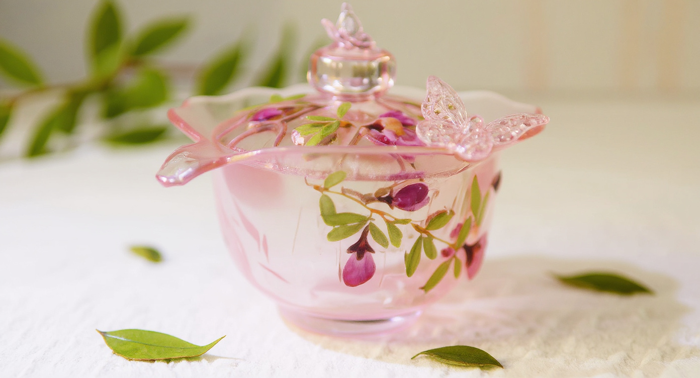 Handmade gradient pink butterfly glass cup flat lay with botanical book and dried petals