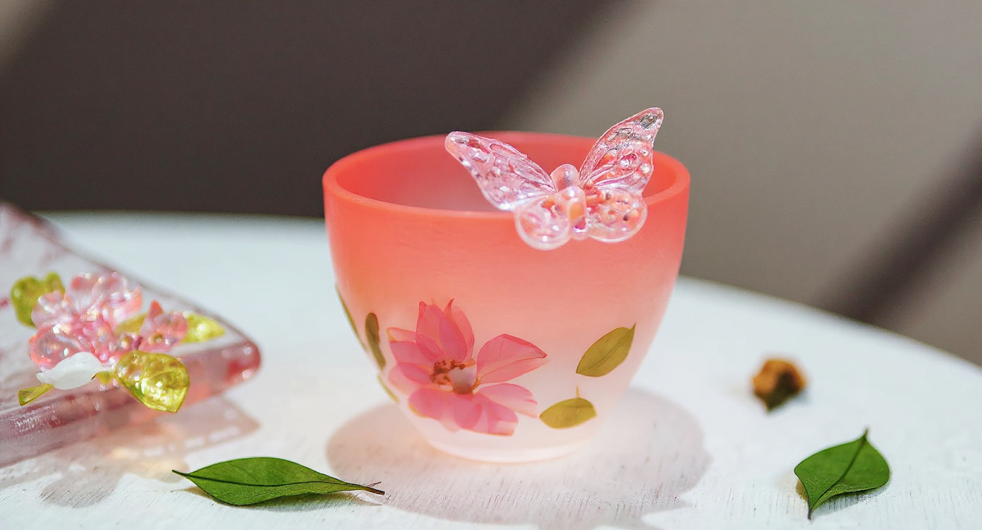 Handmade gradient pink butterfly glass cup with preserved flowers and tea set