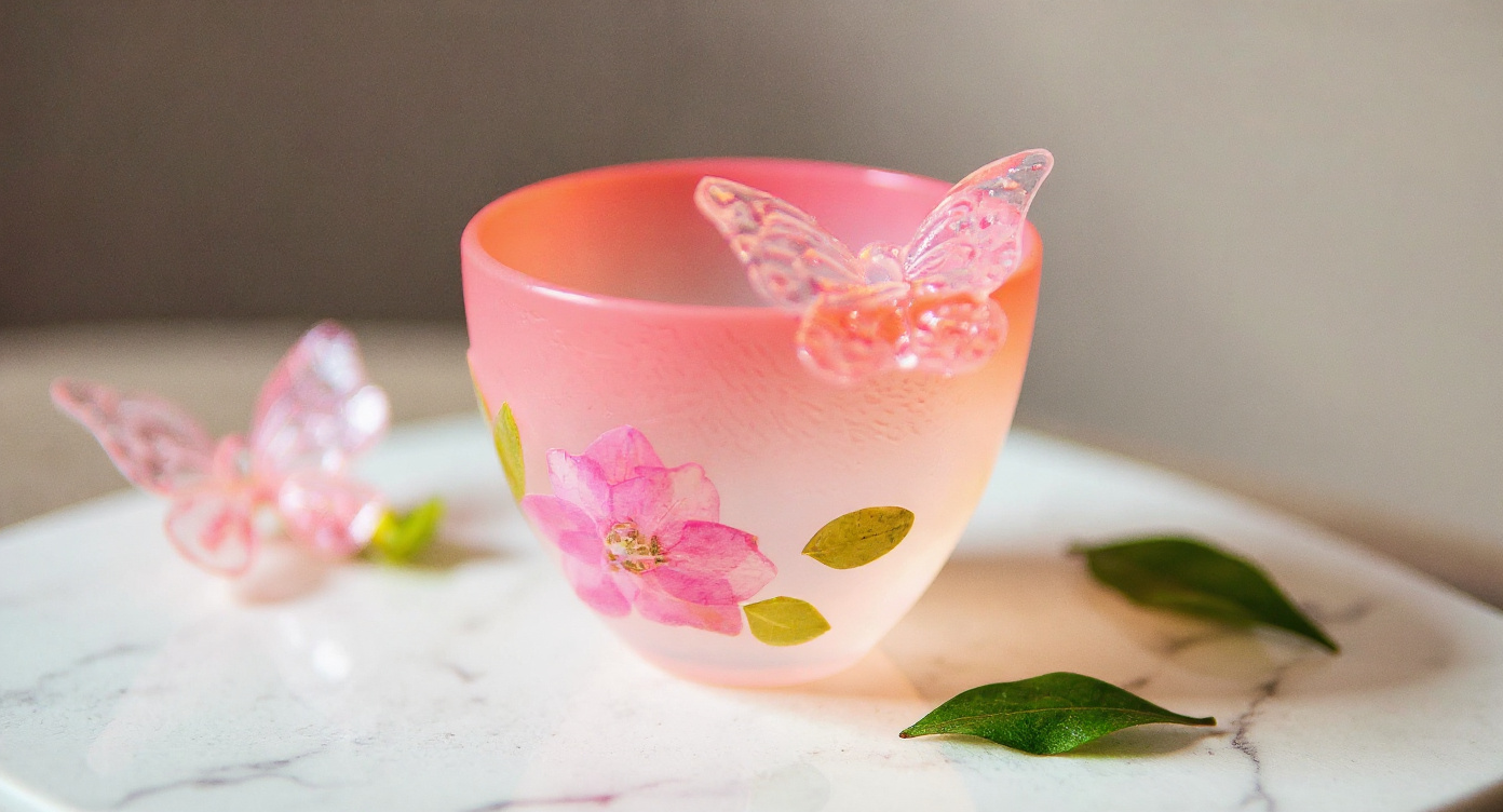 Close-up of handmade gradient pink butterfly glass cup with preserved flowers