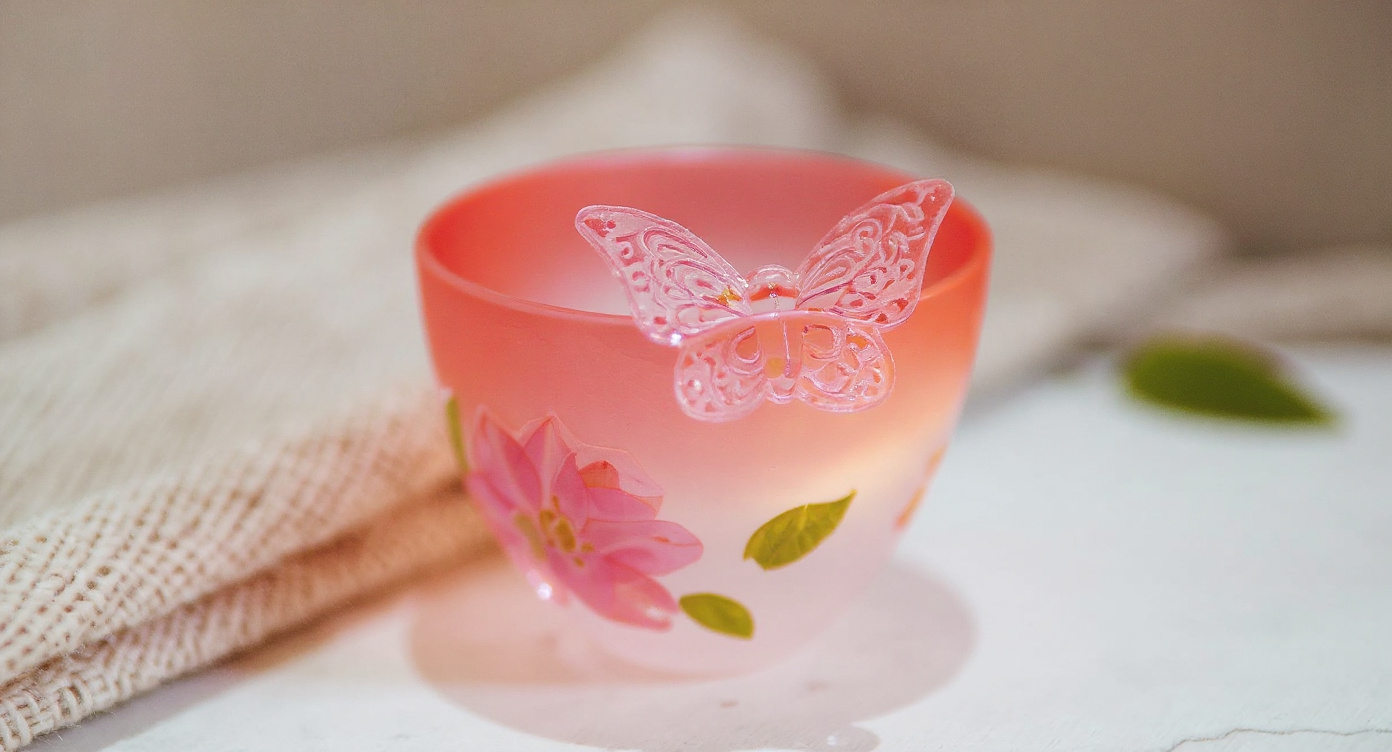 Handmade gradient pink butterfly glass cup with preserved flowers on ceramic tray