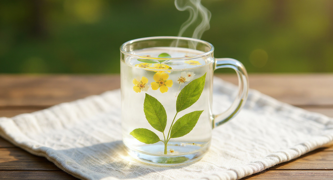 Handmade Preserved Flower Glass Mug with brass teaspoon and saucer on linen runner.