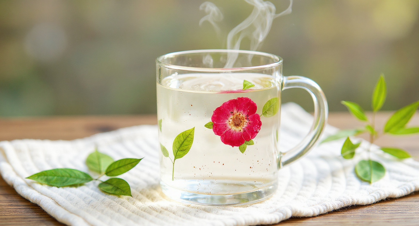 Handmade Preserved Flower Glass Mug beside open botanical journal on oatmeal linen.
