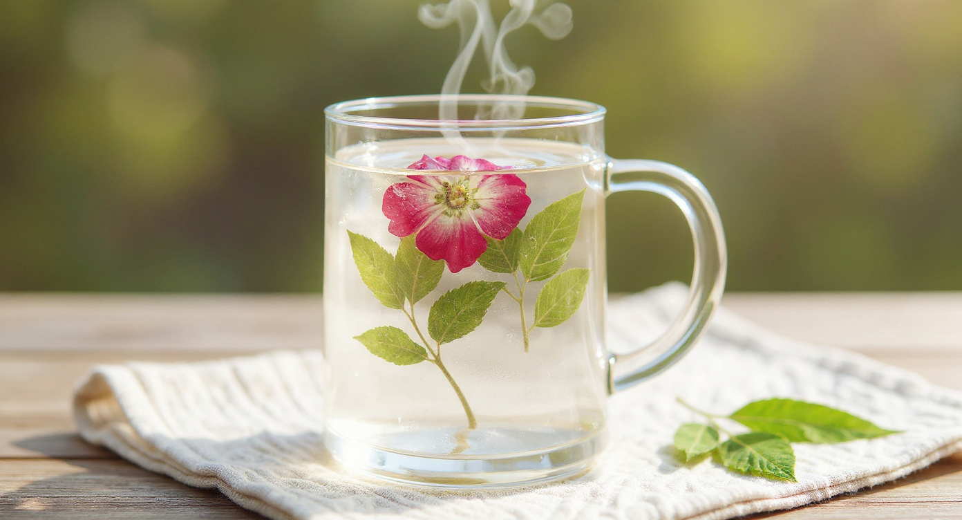 Handmade Preserved Flower Glass Mug with dried lavender sprigs and soft bokeh background.