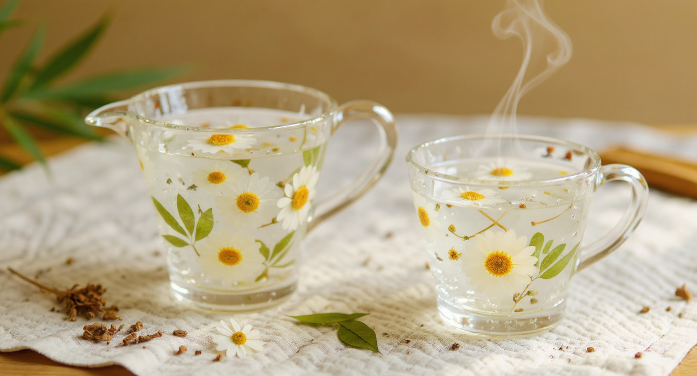 Top-down view of Handcrafted Gaiwan Fair Cup Set with dried botanicals
