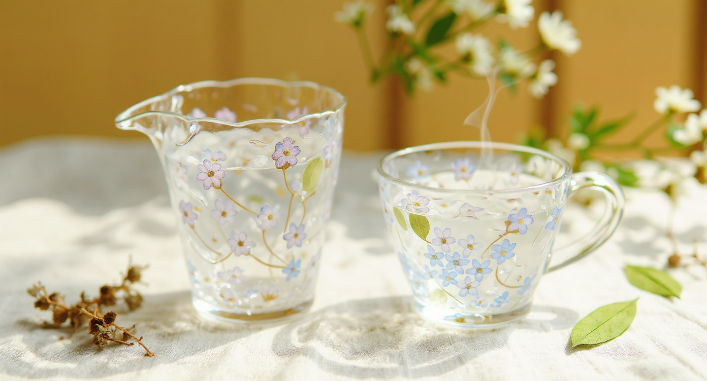 Handcrafted Gaiwan Fair Cup Set displayed with botanical illustration book