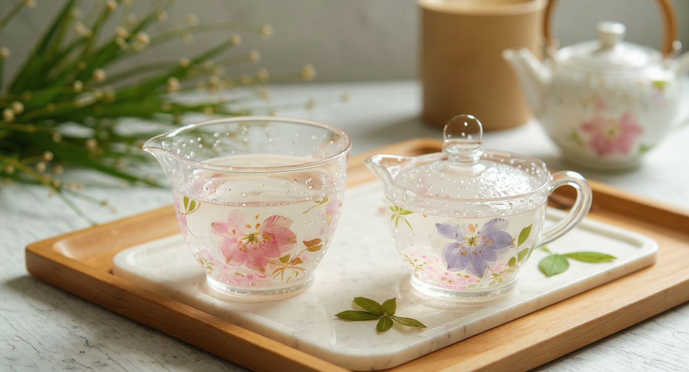 Handcrafted Floral Gaiwan Fair Cup Set and glass teapot on marble tray