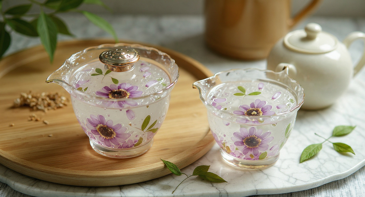 Handcrafted Floral Gaiwan Fair Cup Set with dried flowers and open book