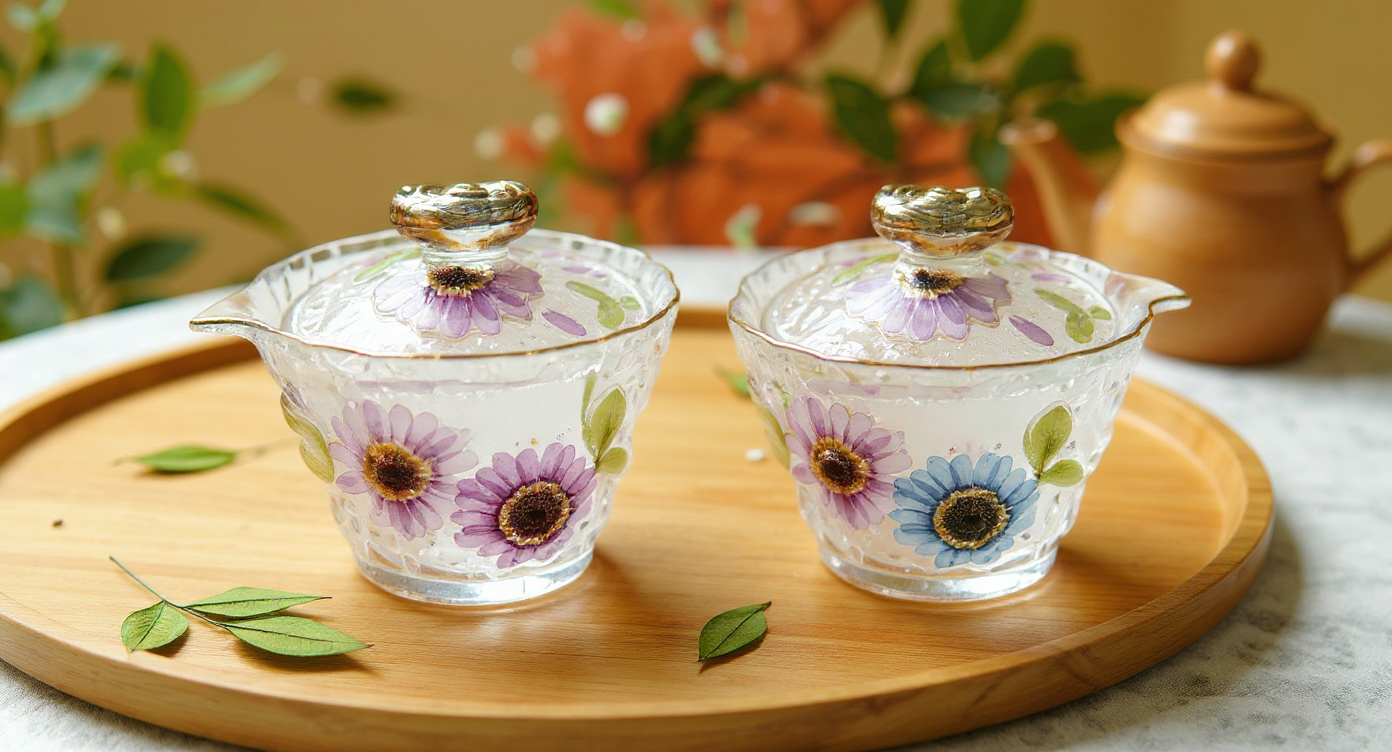 Close-up of Handcrafted Floral Gaiwan Fair Cup Set with preserved petals